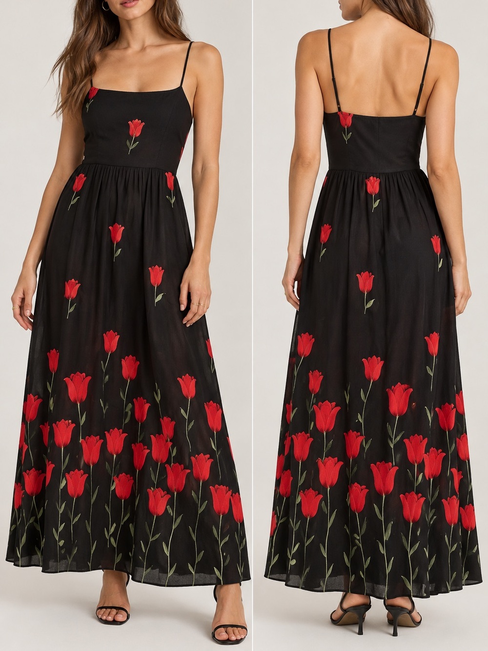 Reformation Black Red Floral Rose Stems Spaghetti Strap Lined Maxi Dress Size 2
